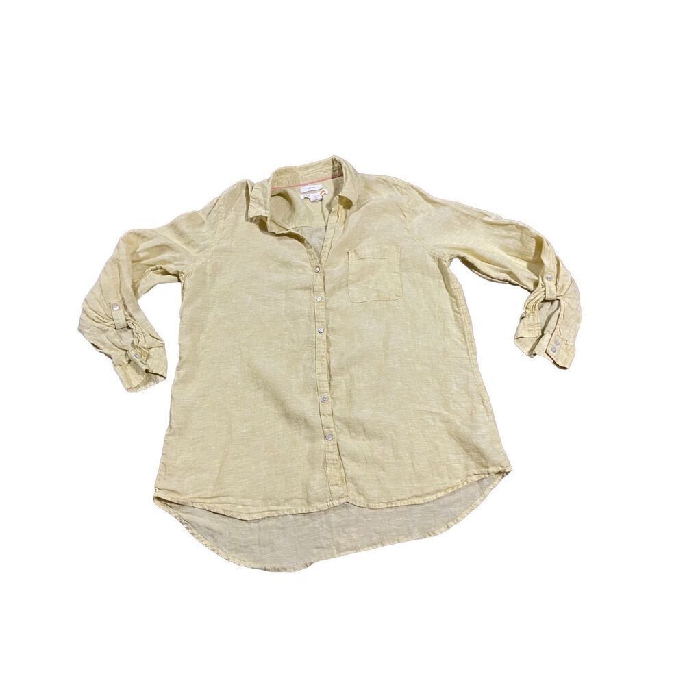 C&C California light yellow 100%‎ linen button down collar shirt womens large